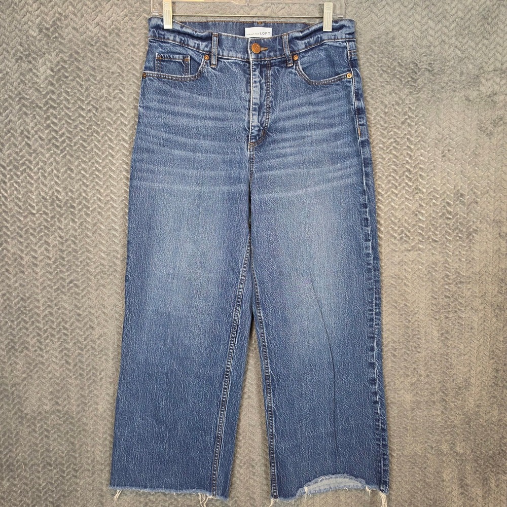LOFT Womens High Waist Wide Leg Crop Jeans Blue Medium Wash Raw Hem Size 28 6